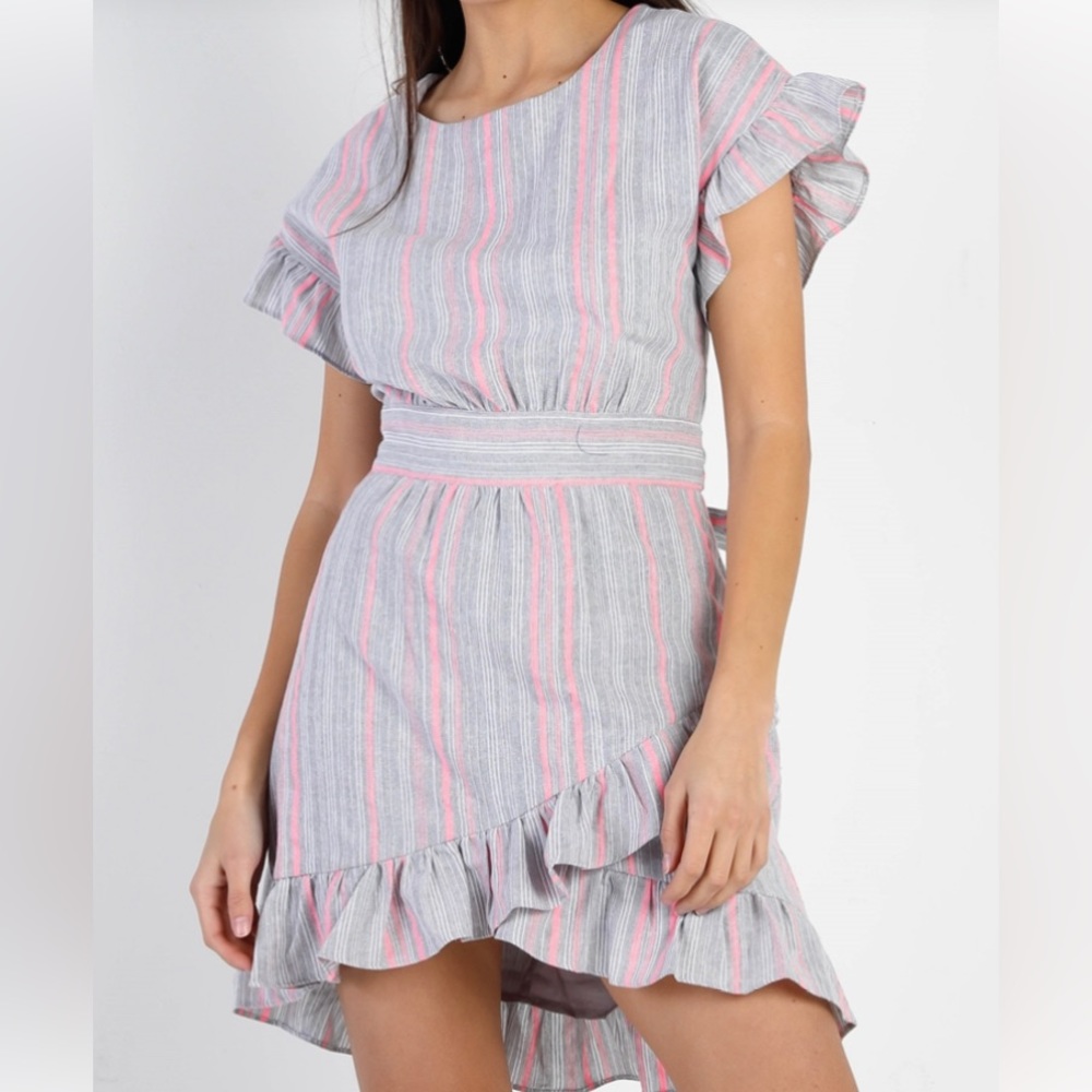 Grey Pink Striped Ruffle Sleeve Asymmetrical Flare Hem  Self Tie Mini dress